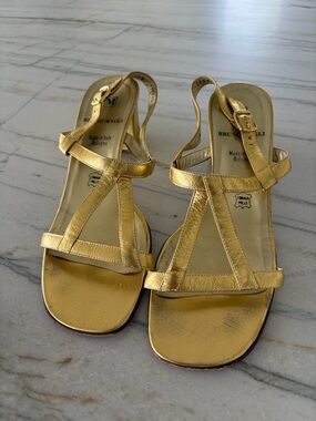 Bruno Magli Metallic Gold Leather T-Strap Sandals
